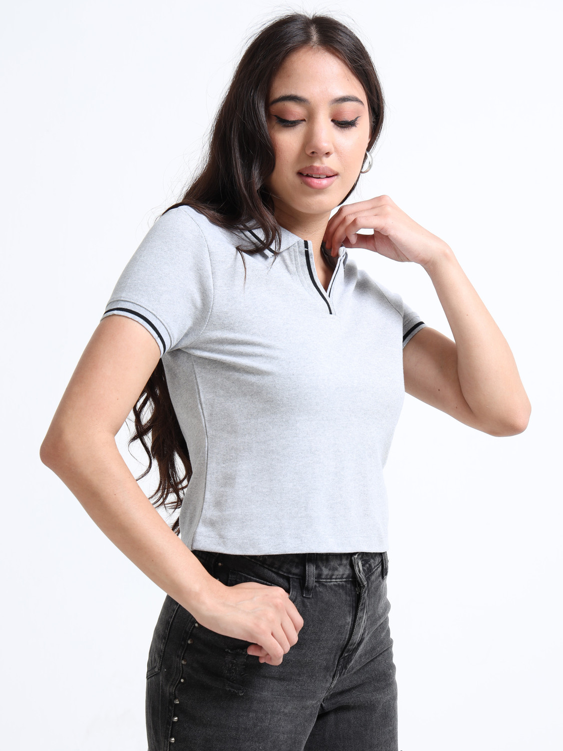 Image of Glitchez Solid Women Polo Neck Grey T-Shirt
