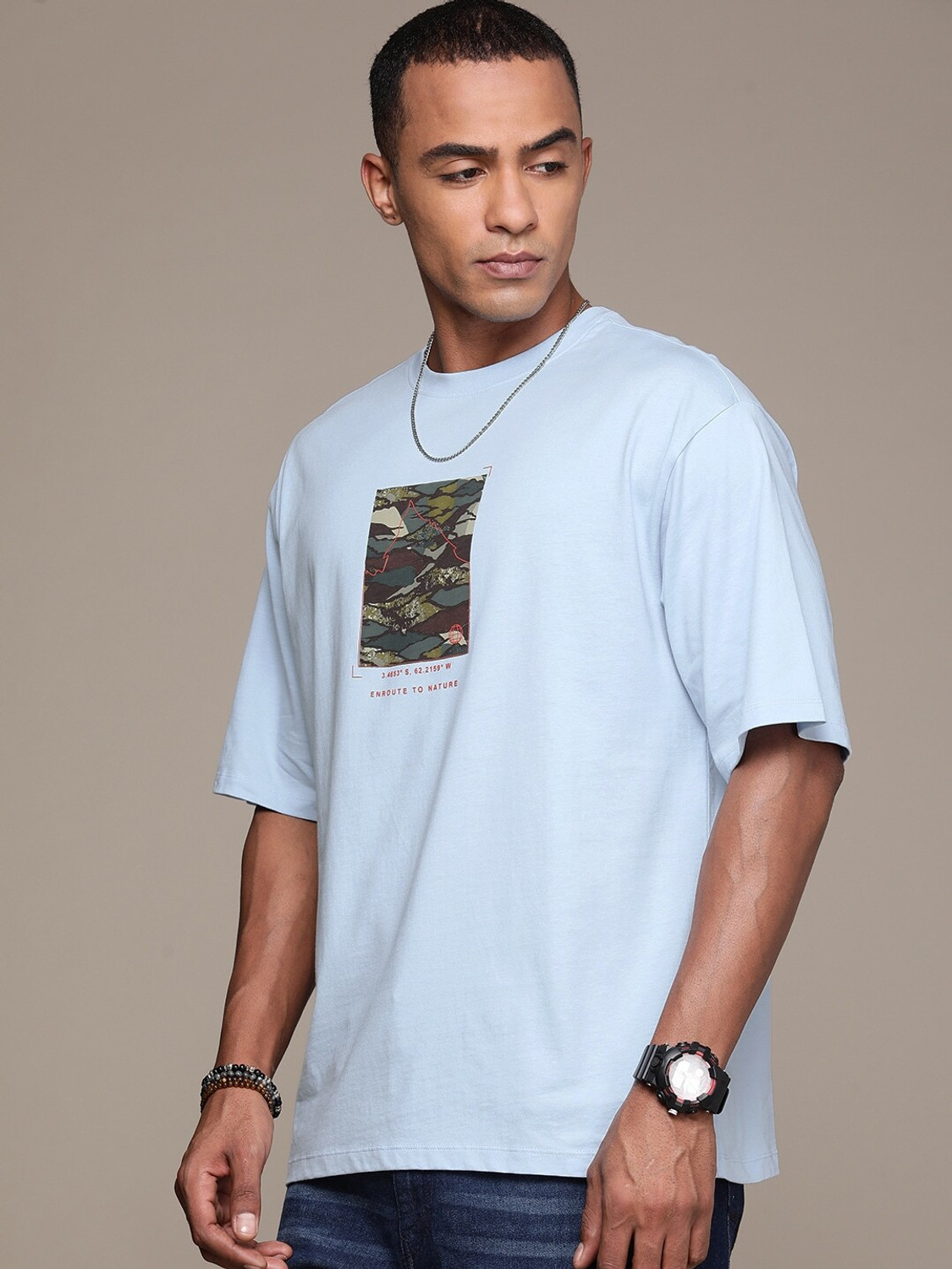Image of Roadster Printed Men Round Neck Blue T-Shirt