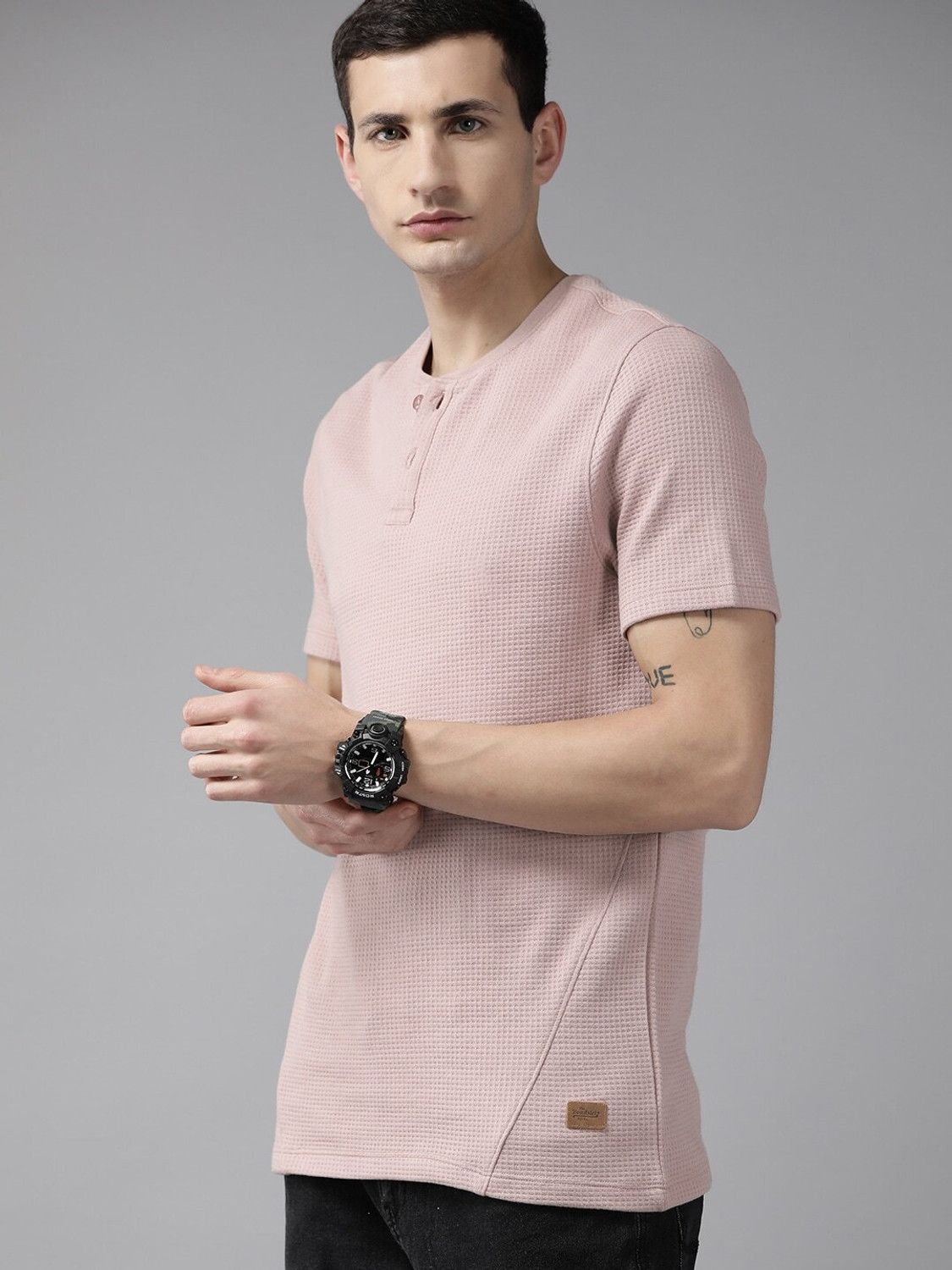 Image of Roadster Self Design Men Henley Neck Purple T-Shirt