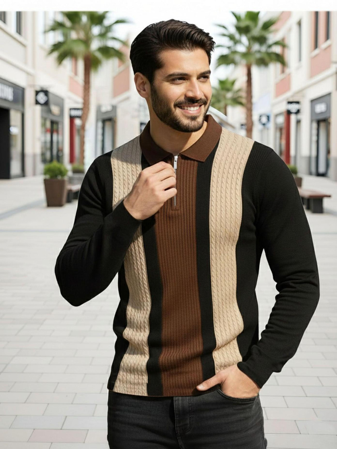 Image of AUSK Colorblock Men Zip Neck Multicolor T-Shirt