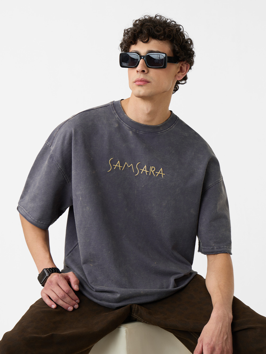 Image of The Souled Store Floral Print Men Round Neck Grey T-Shirt
