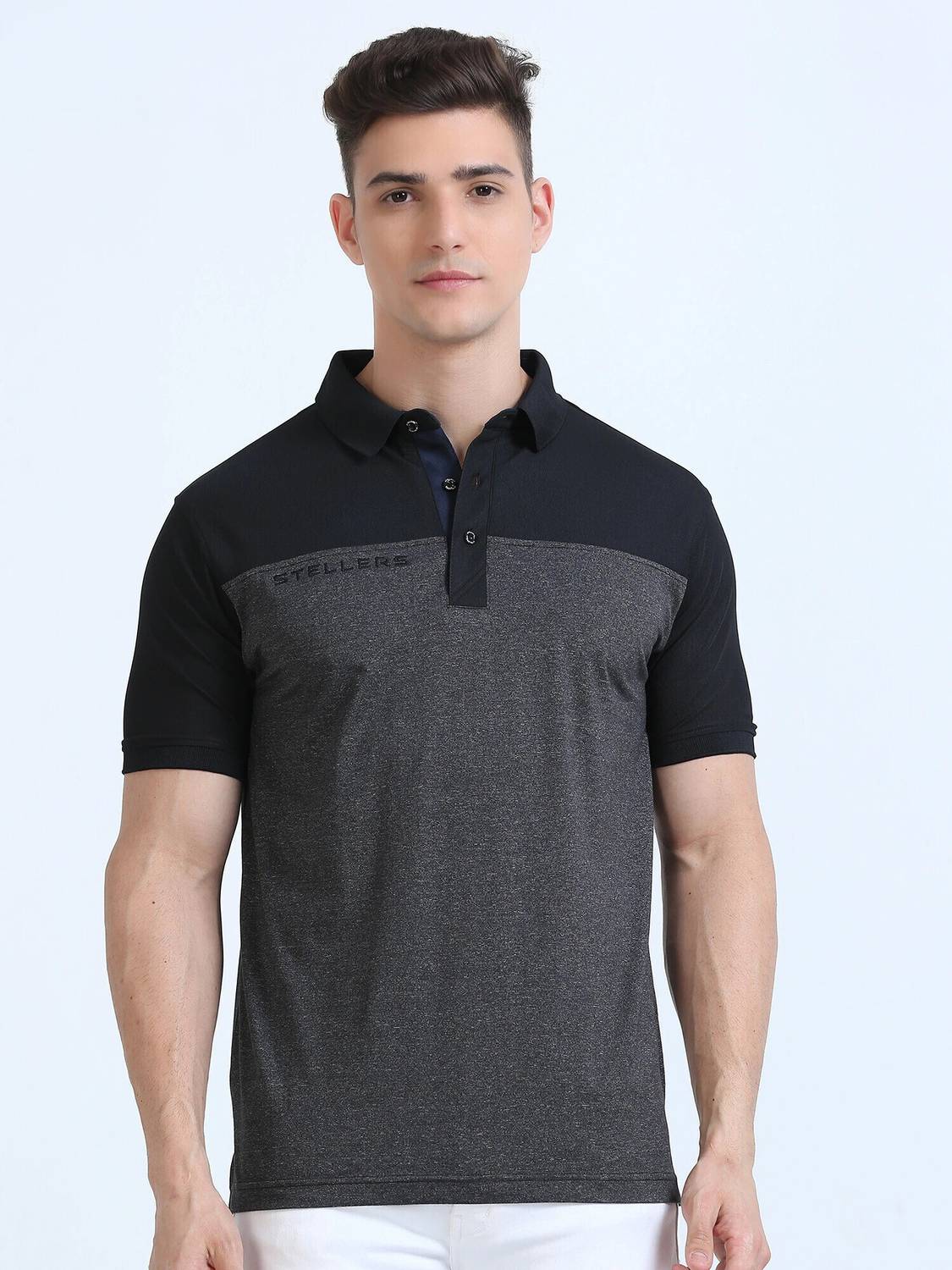 Stellers Men Solid Polo Neck Polyester Black T-Shirt