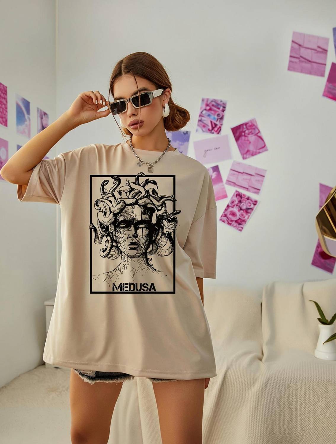 Absolute Defense Printed Women Round Neck Beige T-Shirt