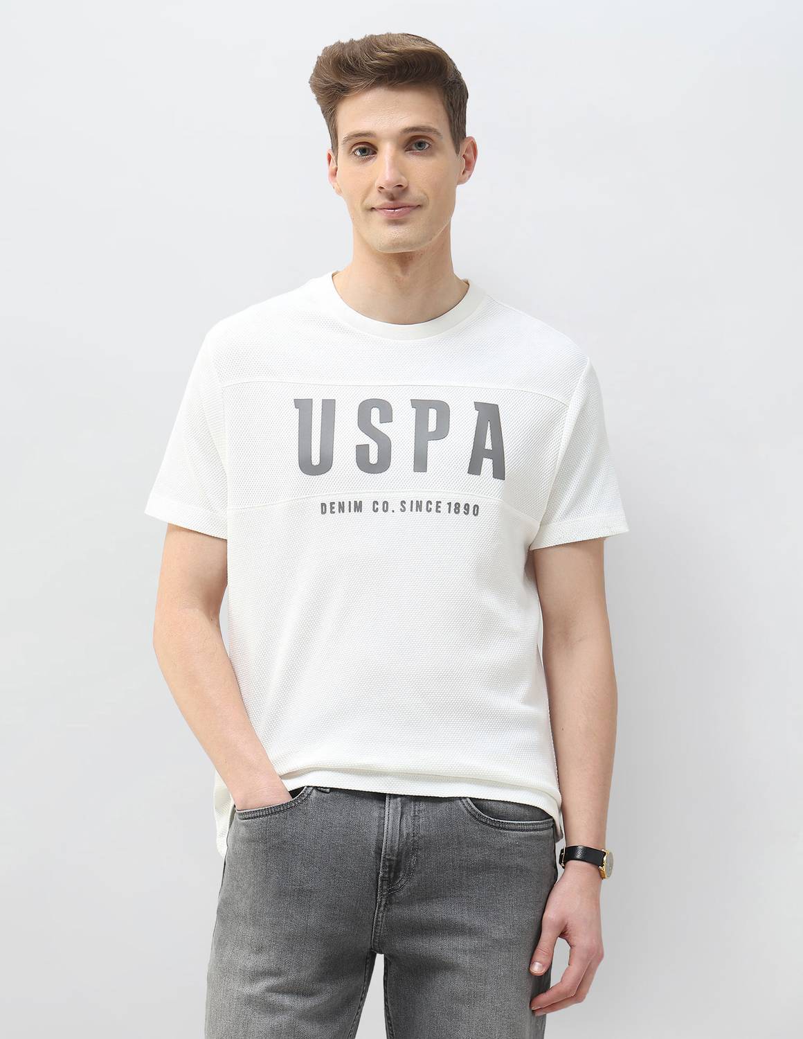 U.S. Polo Assn. Denim Co. Self Design Men Crew Neck White T-Shirt
