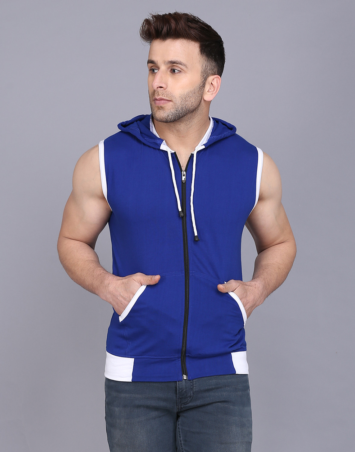 Image of ELABOT Colorblock Men Hooded Neck Blue, White T-Shirt