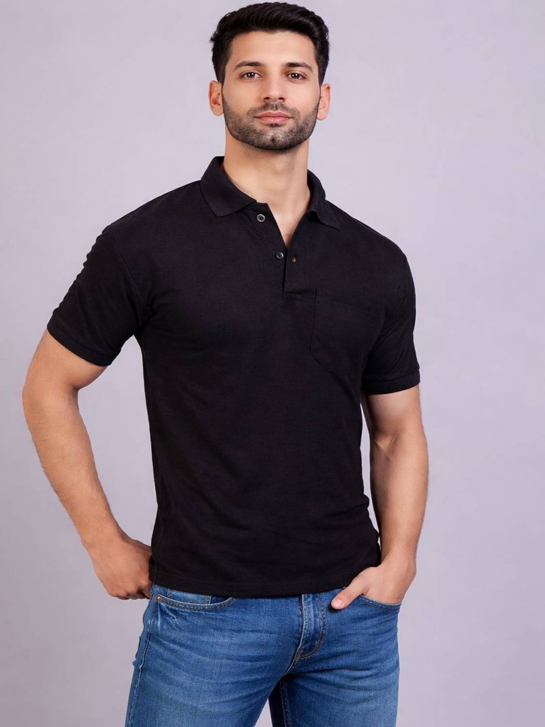 Bamboo Breeze Solid Men Polo Neck Black T-Shirt