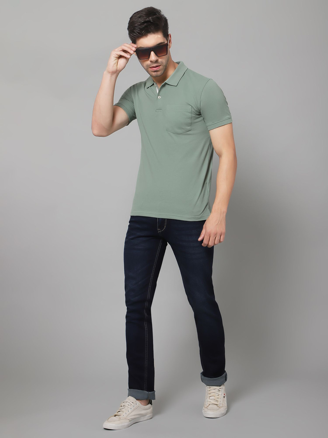 Image of CANTABIL Men Solid Polo Neck Polycotton Green T-Shirt