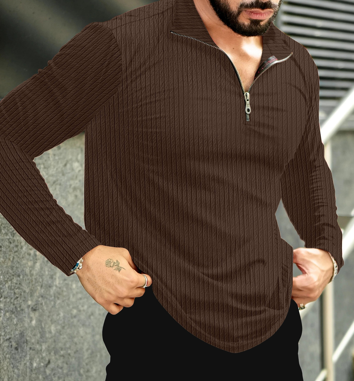 Image of KAJARU Self Design Men Polo Neck Brown T-Shirt