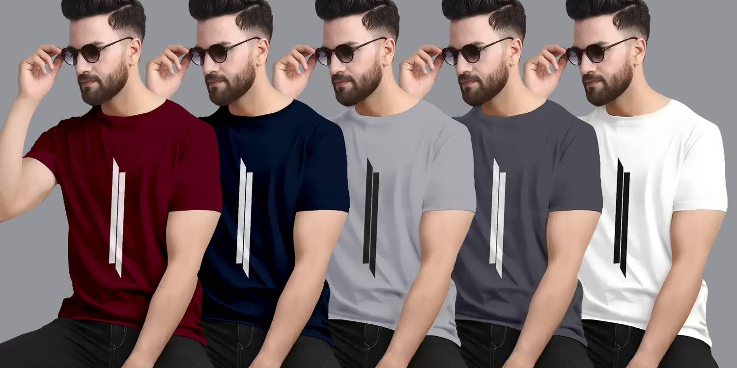 I&D Pack of 5 Men Printed Round Neck Polyester Multicolor T-Shirt