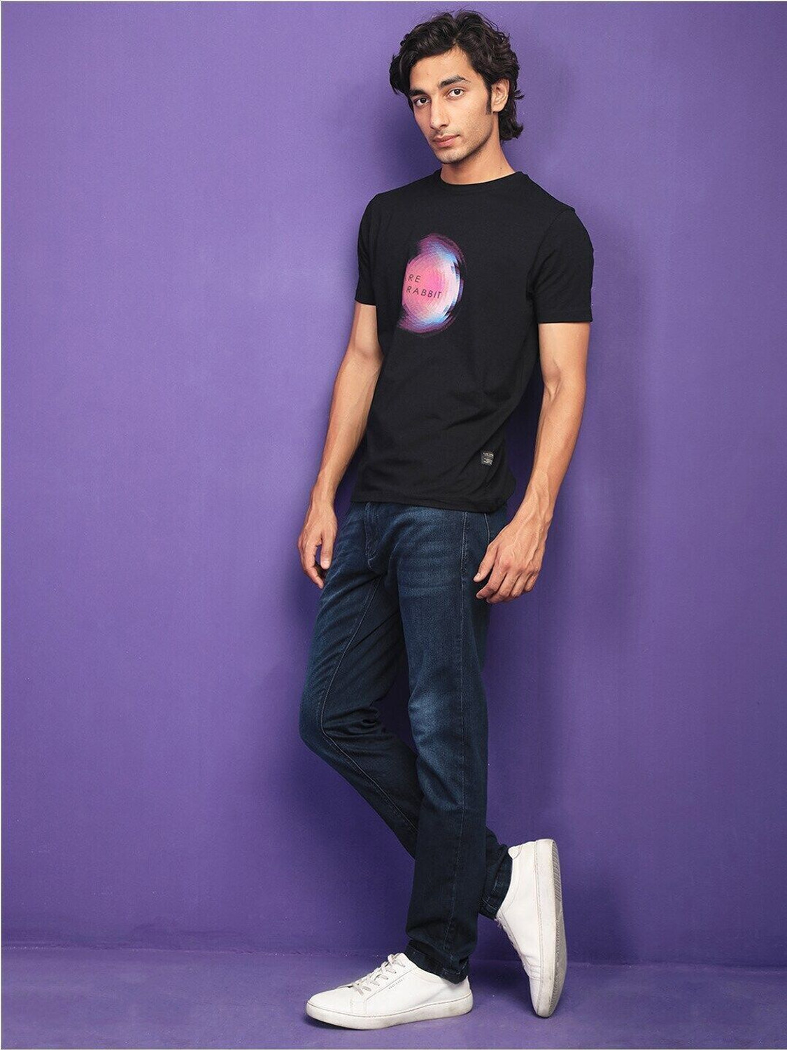 Image of RARE RABBIT Printed Men Round Neck Black T-Shirt