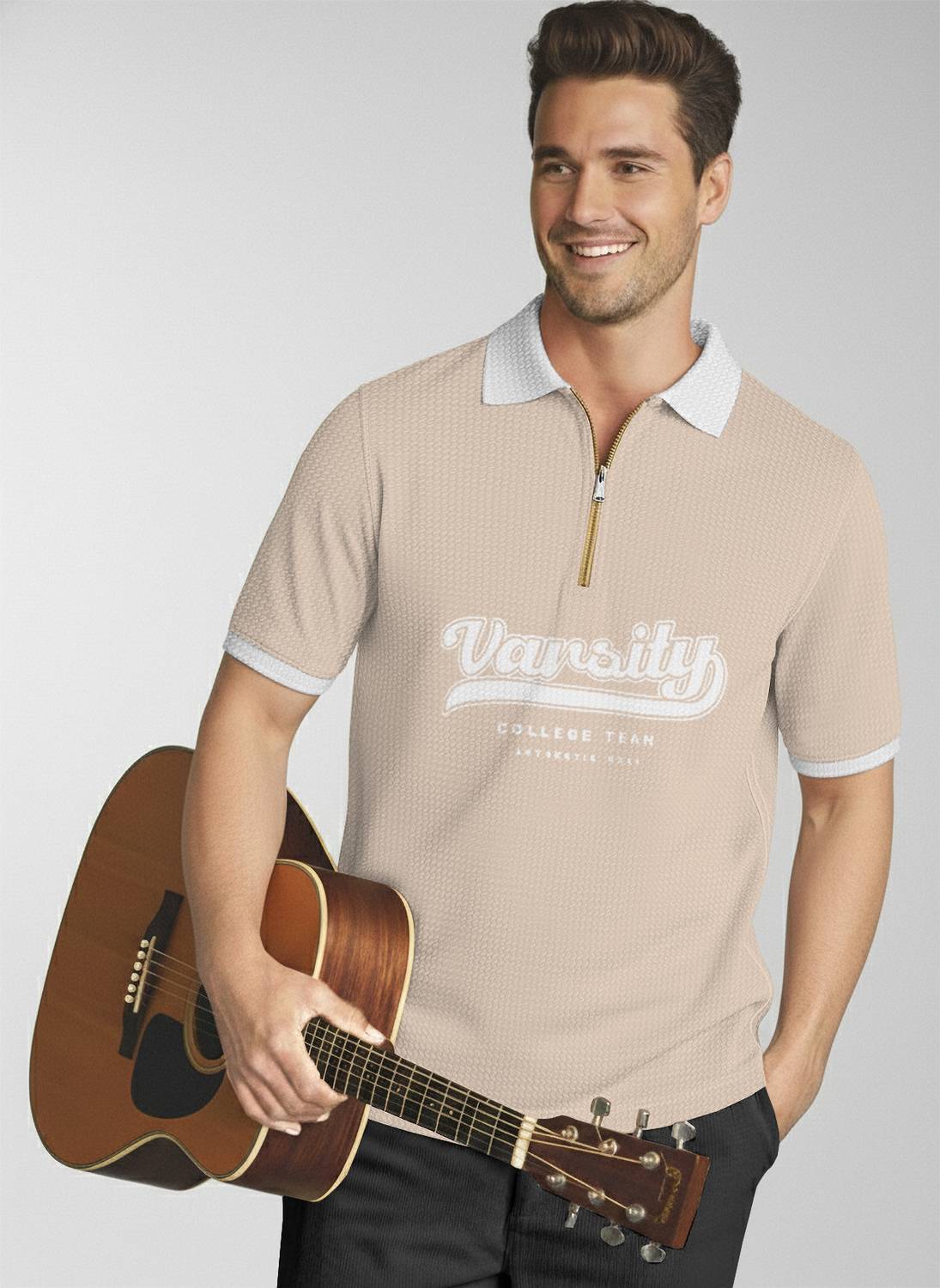 TRIPR Men Printed Polo Neck Cotton Blend Beige, White T-Shirt