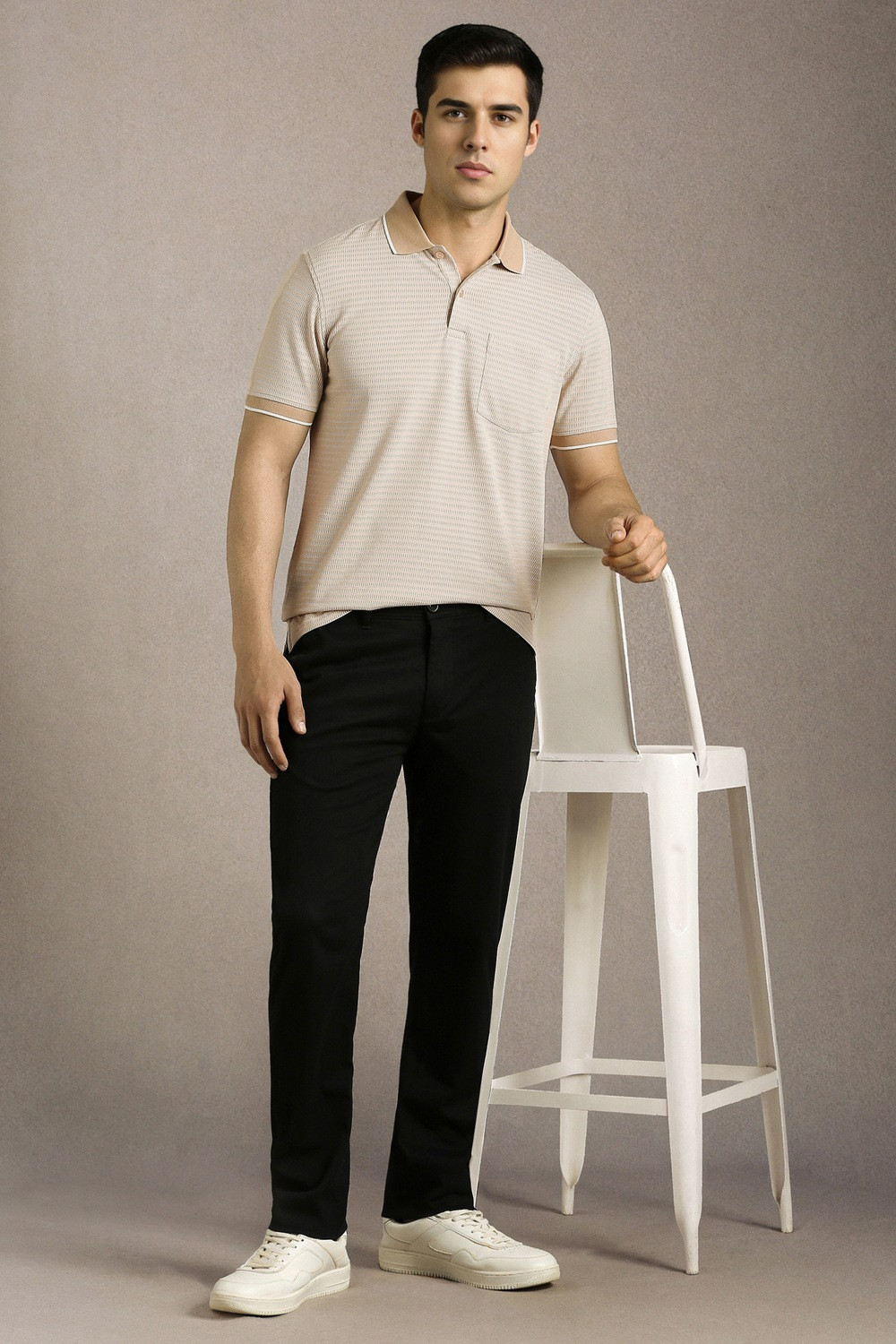 Image of LOUIS PHILIPPE Solid Men Polo Neck Beige T-Shirt
