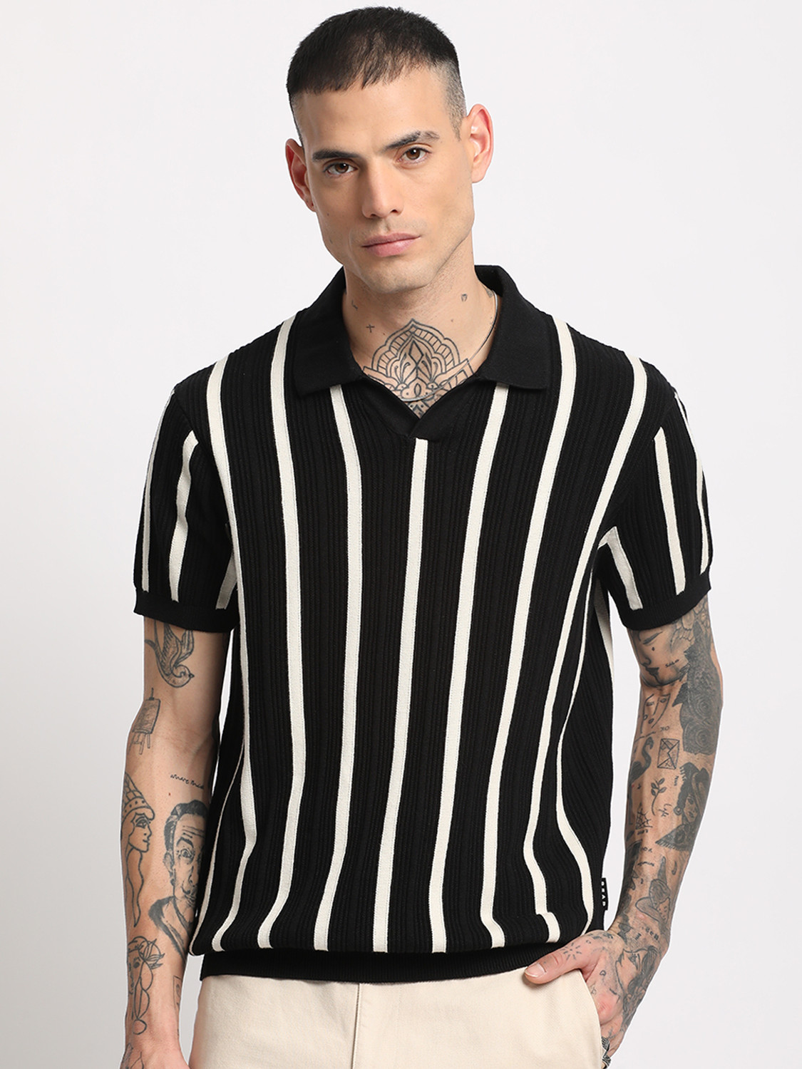 Image of THE BEAR HOUSE Striped Men Polo Neck Black T-Shirt