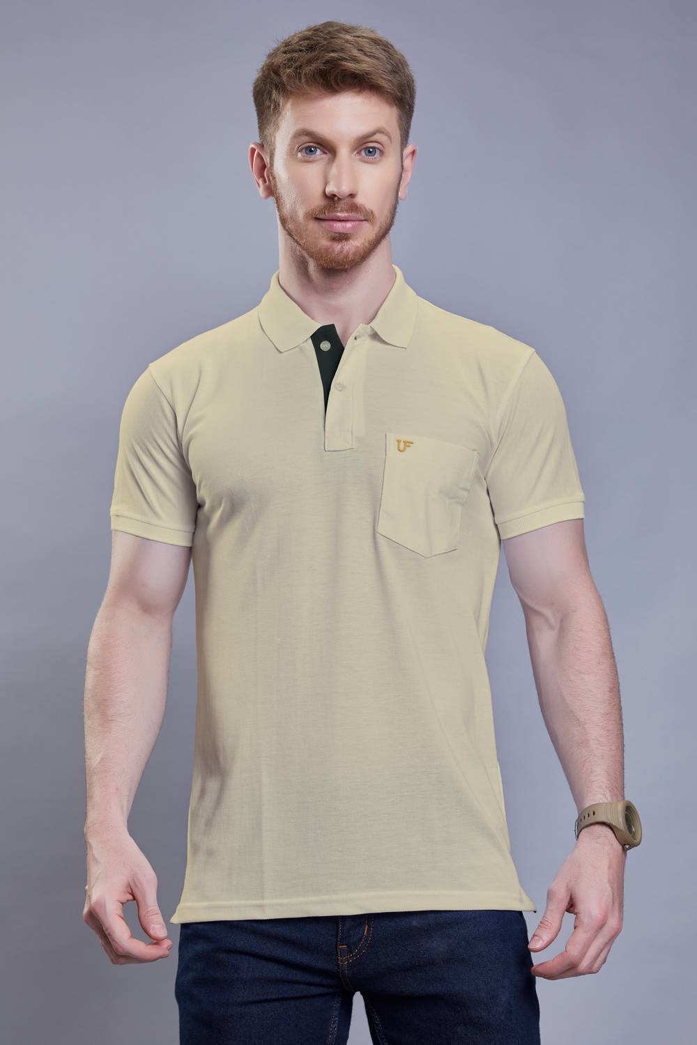 3BROS Solid Men Polo Neck Yellow T-Shirt