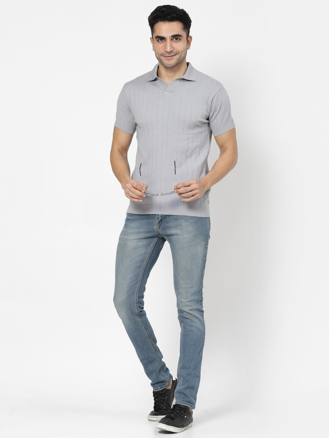 Image of KALT Self Design Men Polo Neck Grey T-Shirt