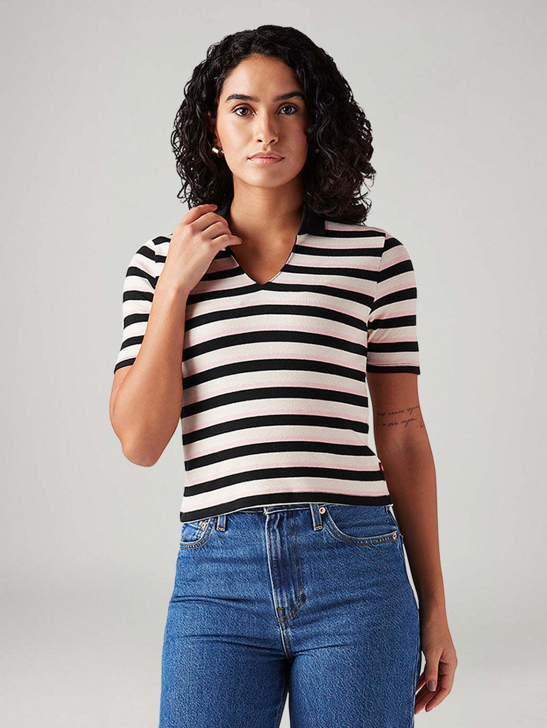 Image of LEVI'S Striped Women Polo Neck Multicolor T-Shirt