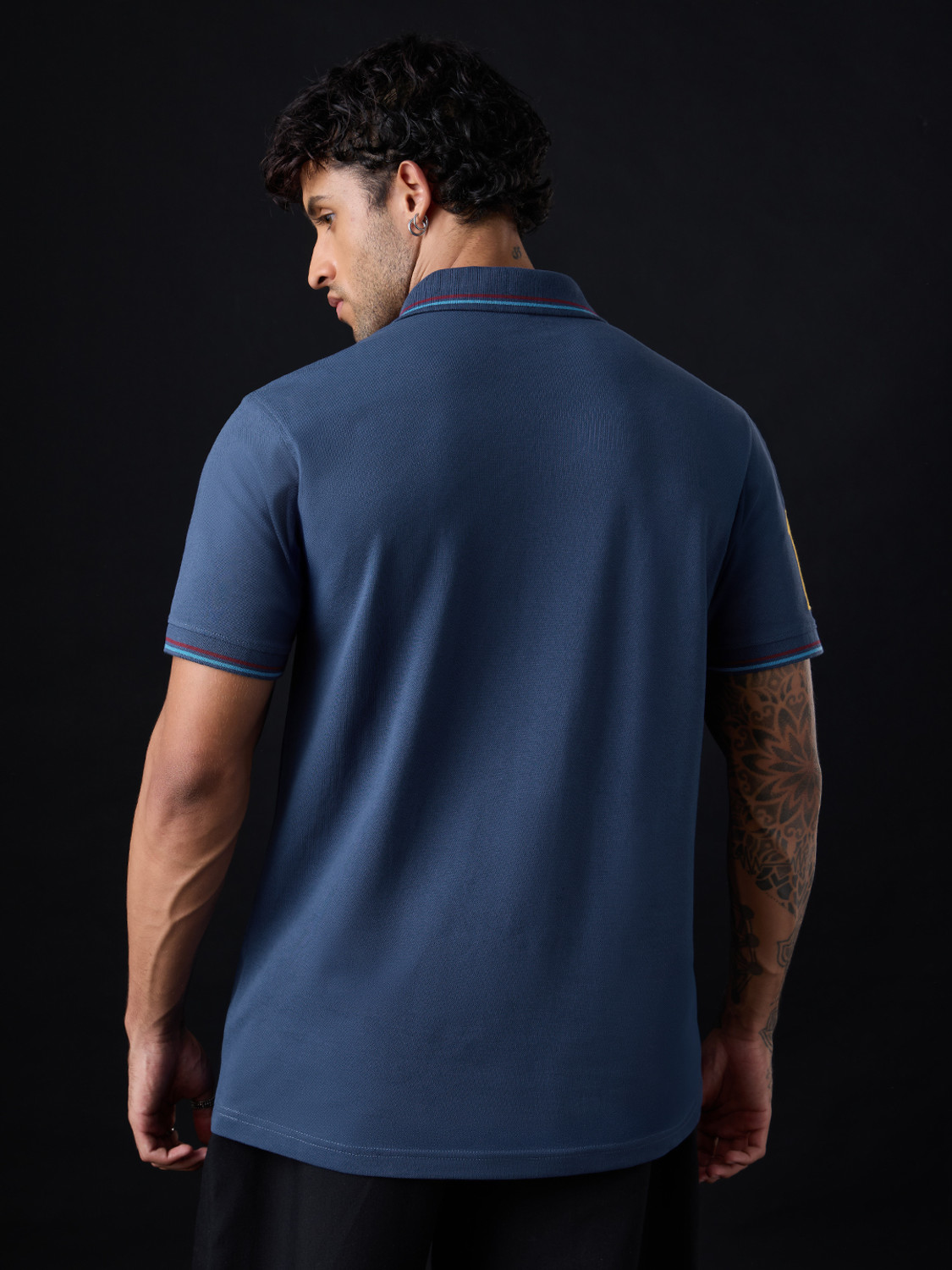 Image of The Souled Store Colorblock Men Polo Neck Navy Blue, Maroon T-Shirt