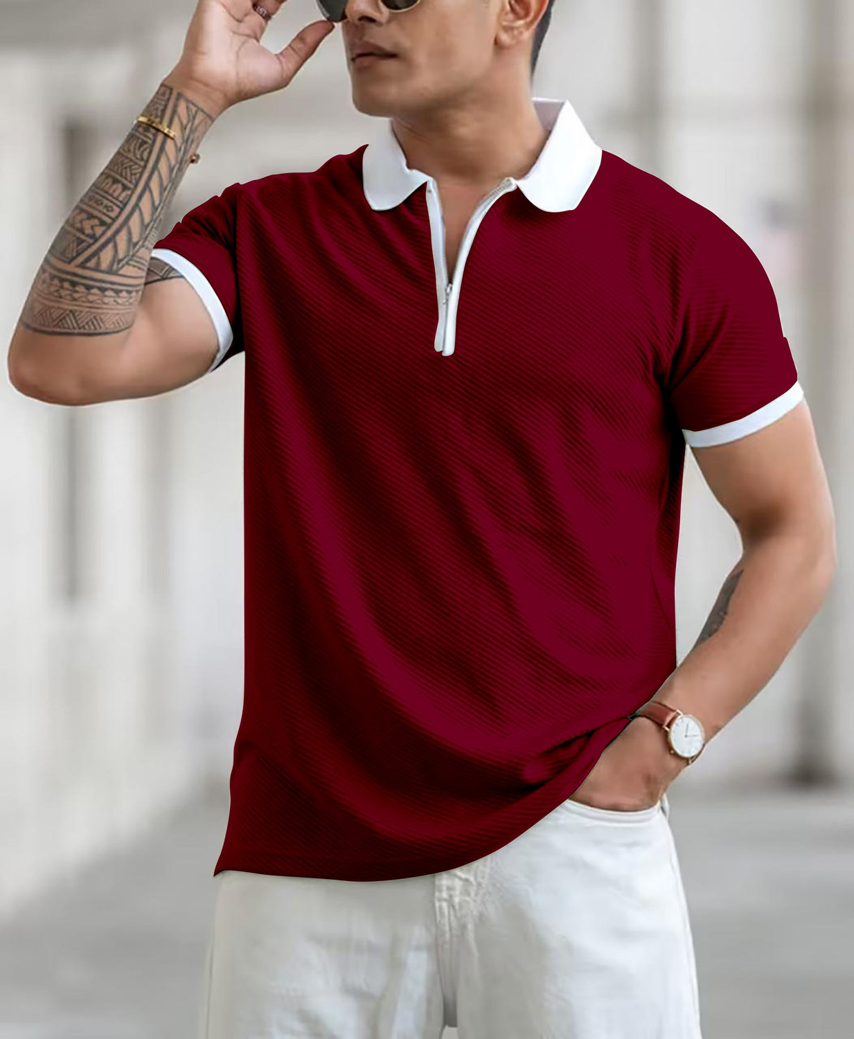 Image of COMBRAIDED Self Design Men Polo Neck Maroon T-Shirt