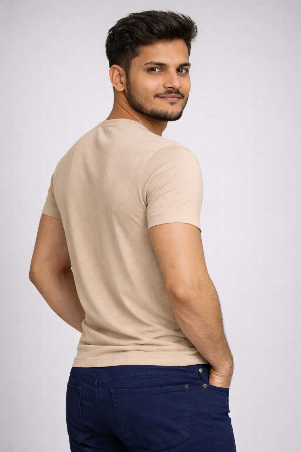 Image of wingpanther Solid Men Round Neck Beige T-Shirt