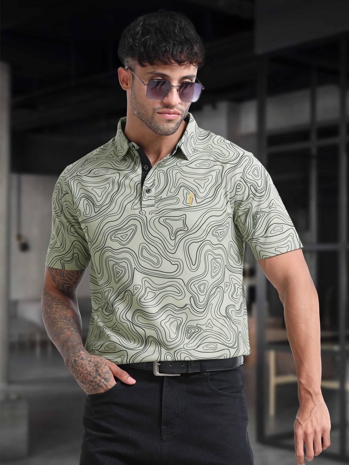 Stellers Men Printed Polo Neck Polyester Grey T-Shirt