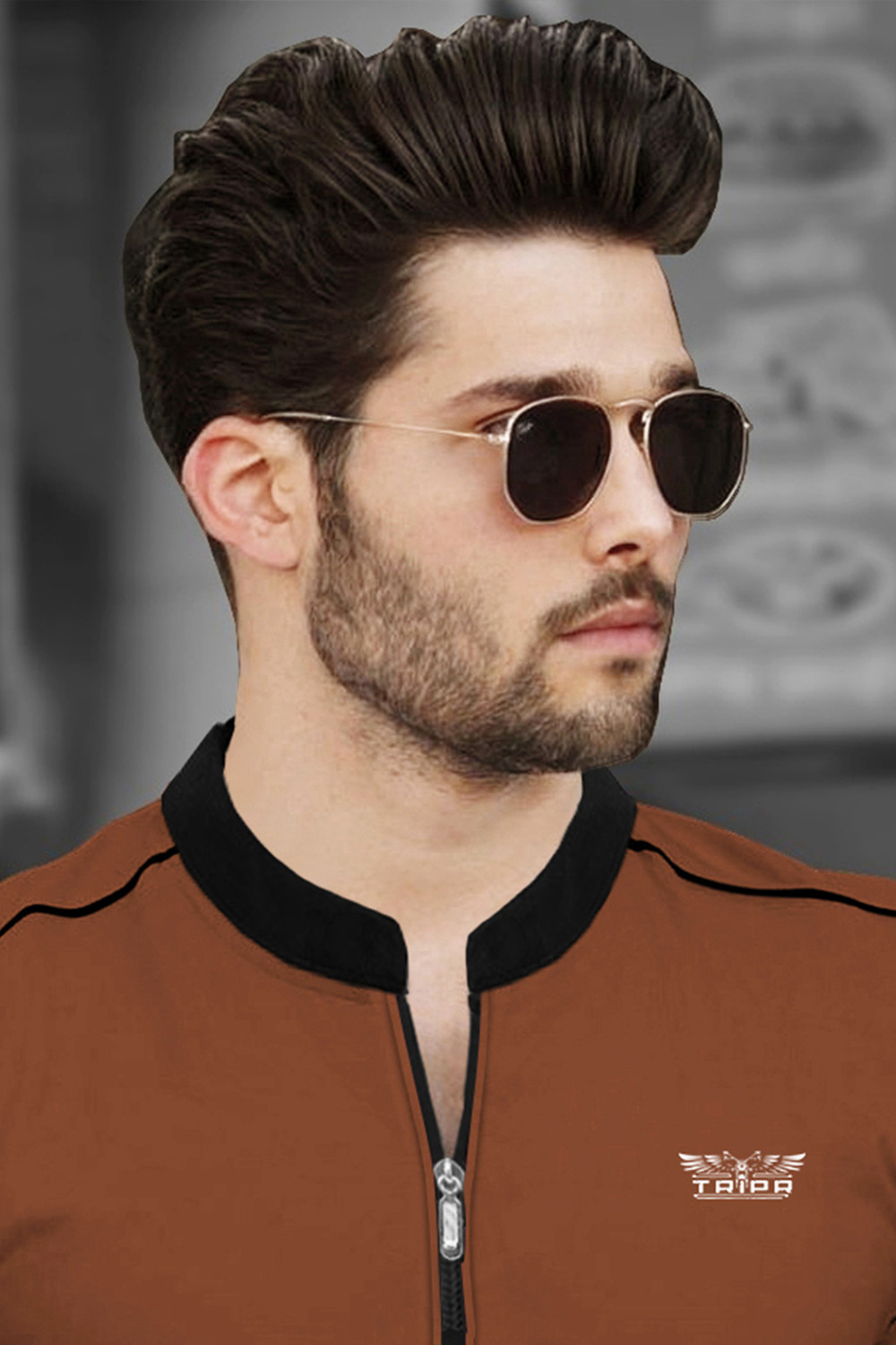 Image of TRIPR Solid Men Mandarin Collar Brown, Black T-Shirt