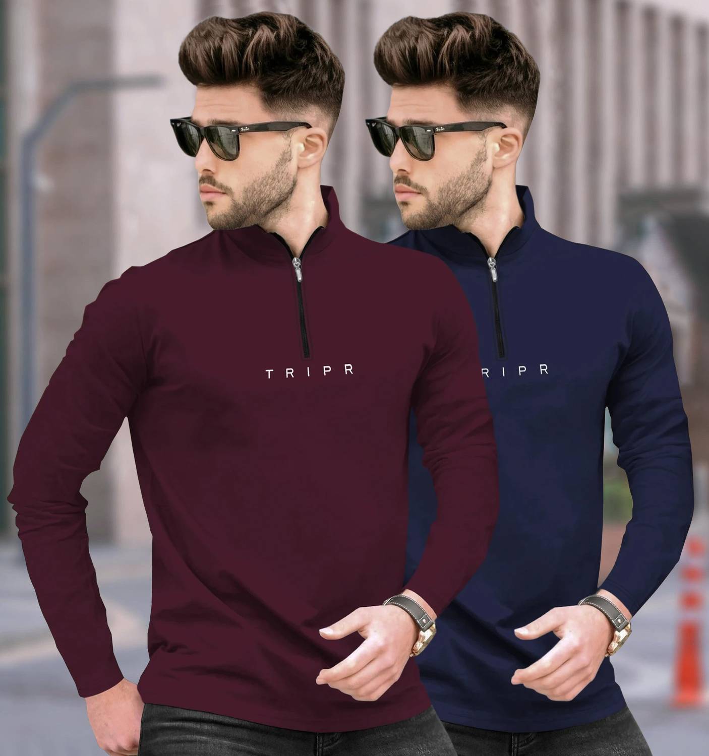TRIPR Pack of 2 Men Solid Henley Neck Cotton Blend Maroon, Navy B