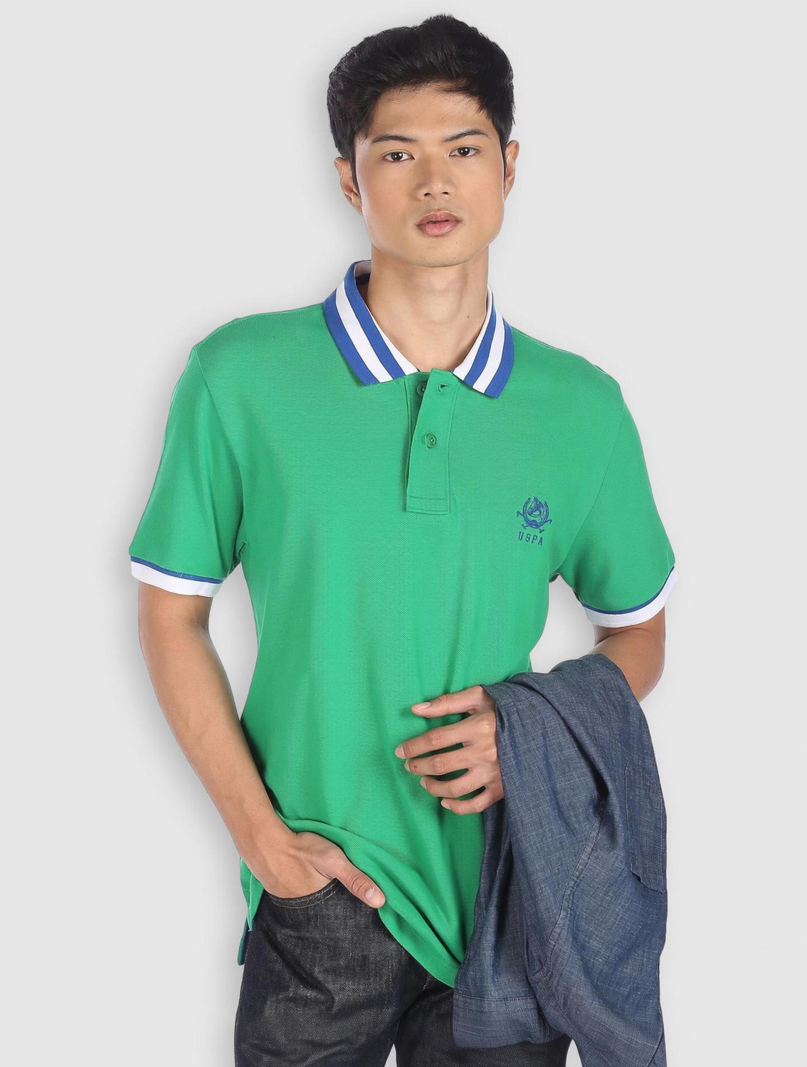 Image of U.S. POLO ASSN. Striped Men Polo Neck Green T-Shirt