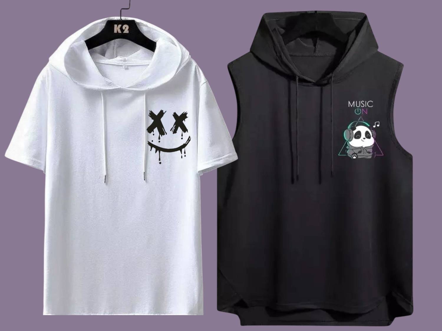 Mundali Men Hooded Neck Black, White T-Shirt - Image 1