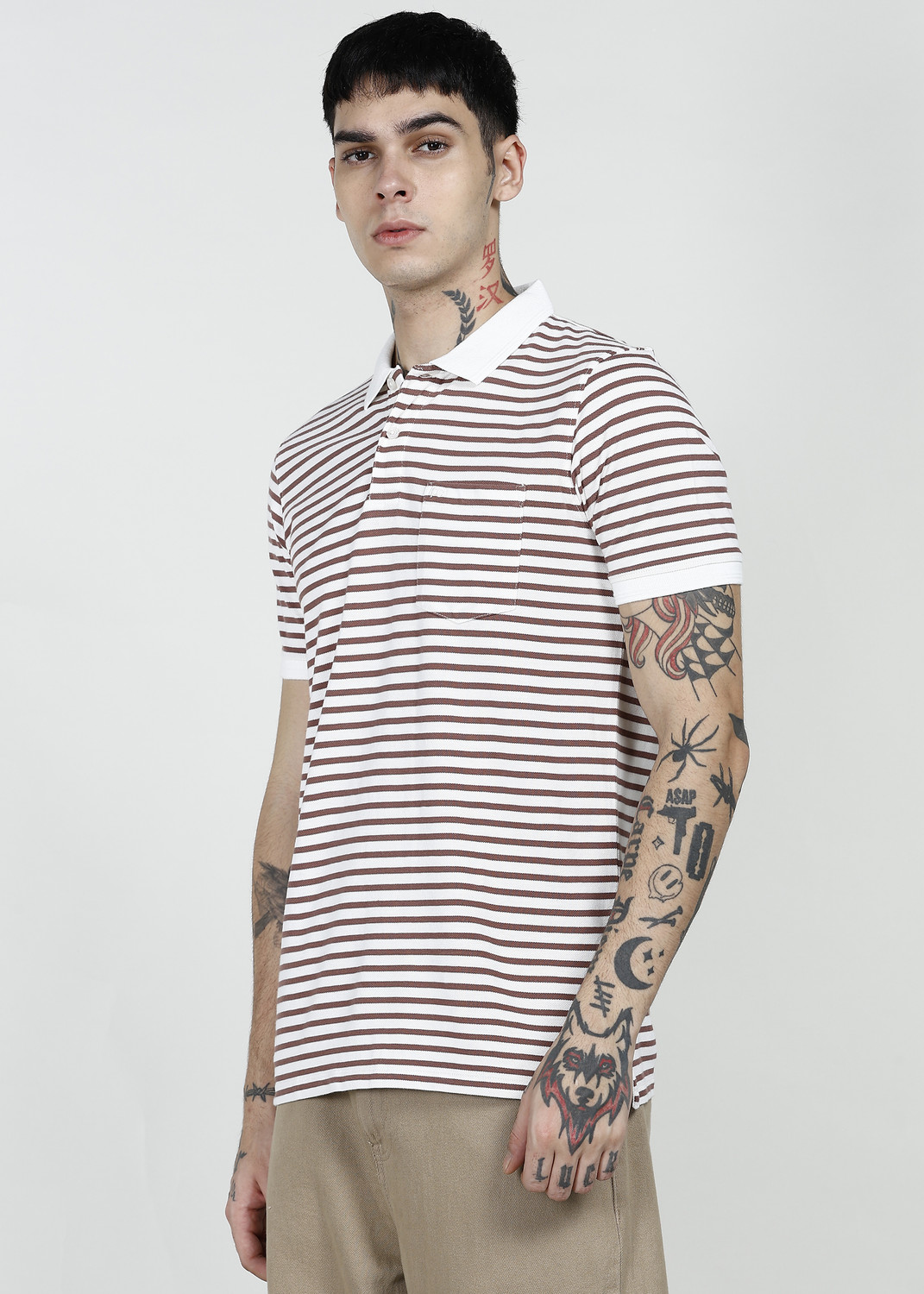 Image of PETER ENGLAND Striped Men Polo Neck Brown T-Shirt