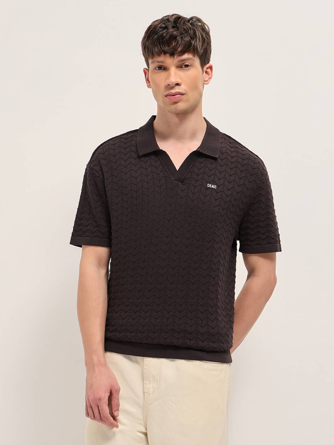 THE BEAR HOUSE Men Self Design Polo Neck Pure Cotton Brown T-Shir
