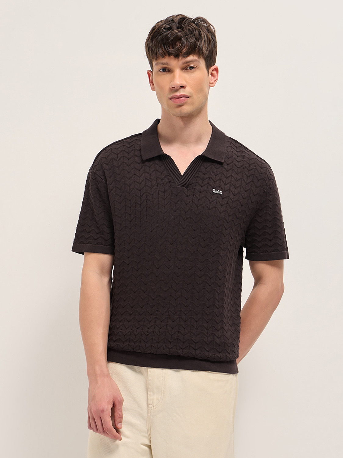 Image of THE BEAR HOUSE Self Design Men Polo Neck Brown T-Shirt