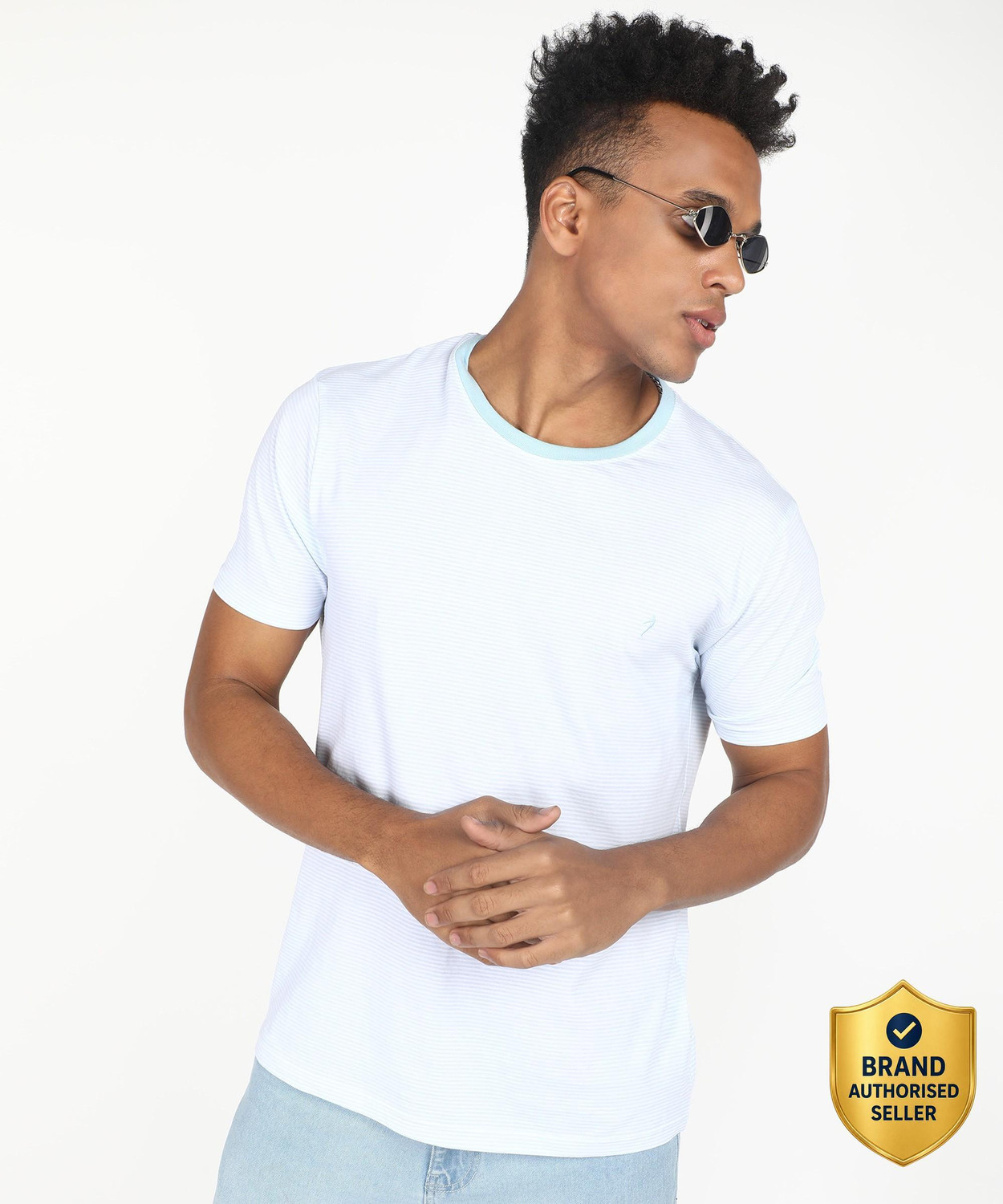 Image of INDIAN TERRAIN Striped Men Round Neck Blue T-Shirt