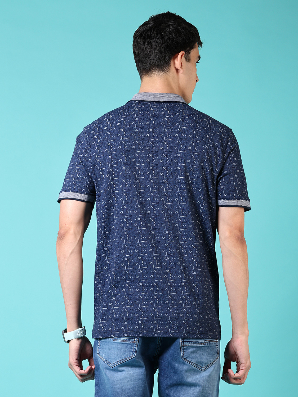 Image of V-MART Printed Men Polo Neck Blue T-Shirt