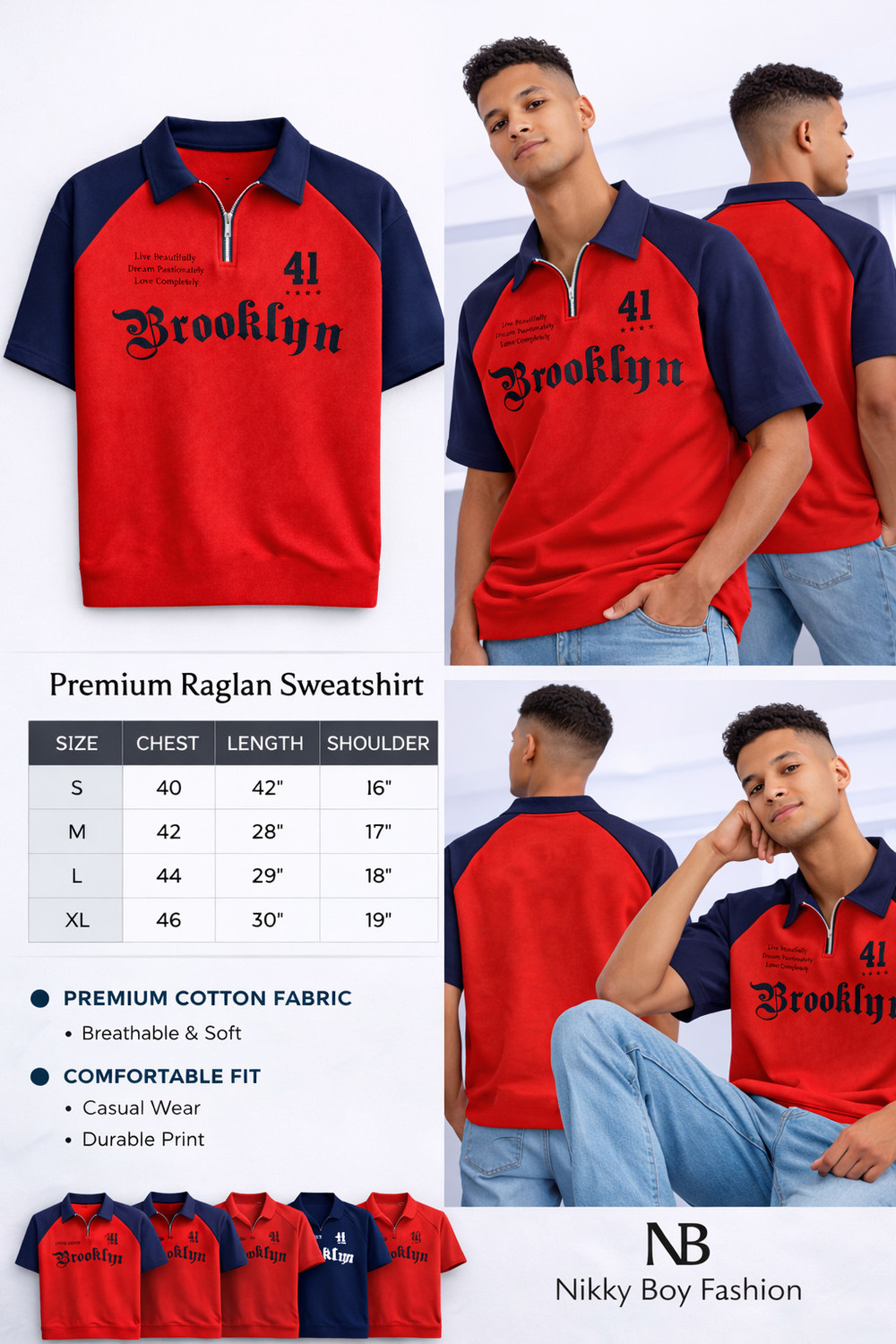 Image of Conway Typography Men Zip Neck Red, Blue T-Shirt