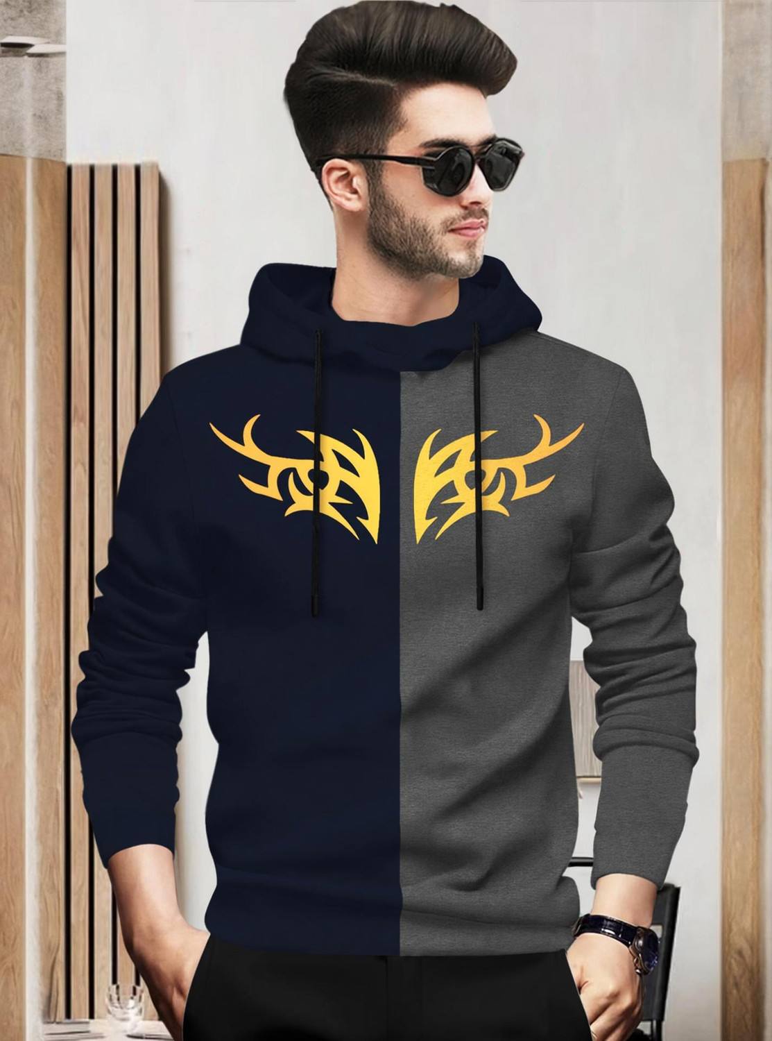 Image of BLIVE Printed Men Hooded Neck Navy Blue, Grey T-Shirt