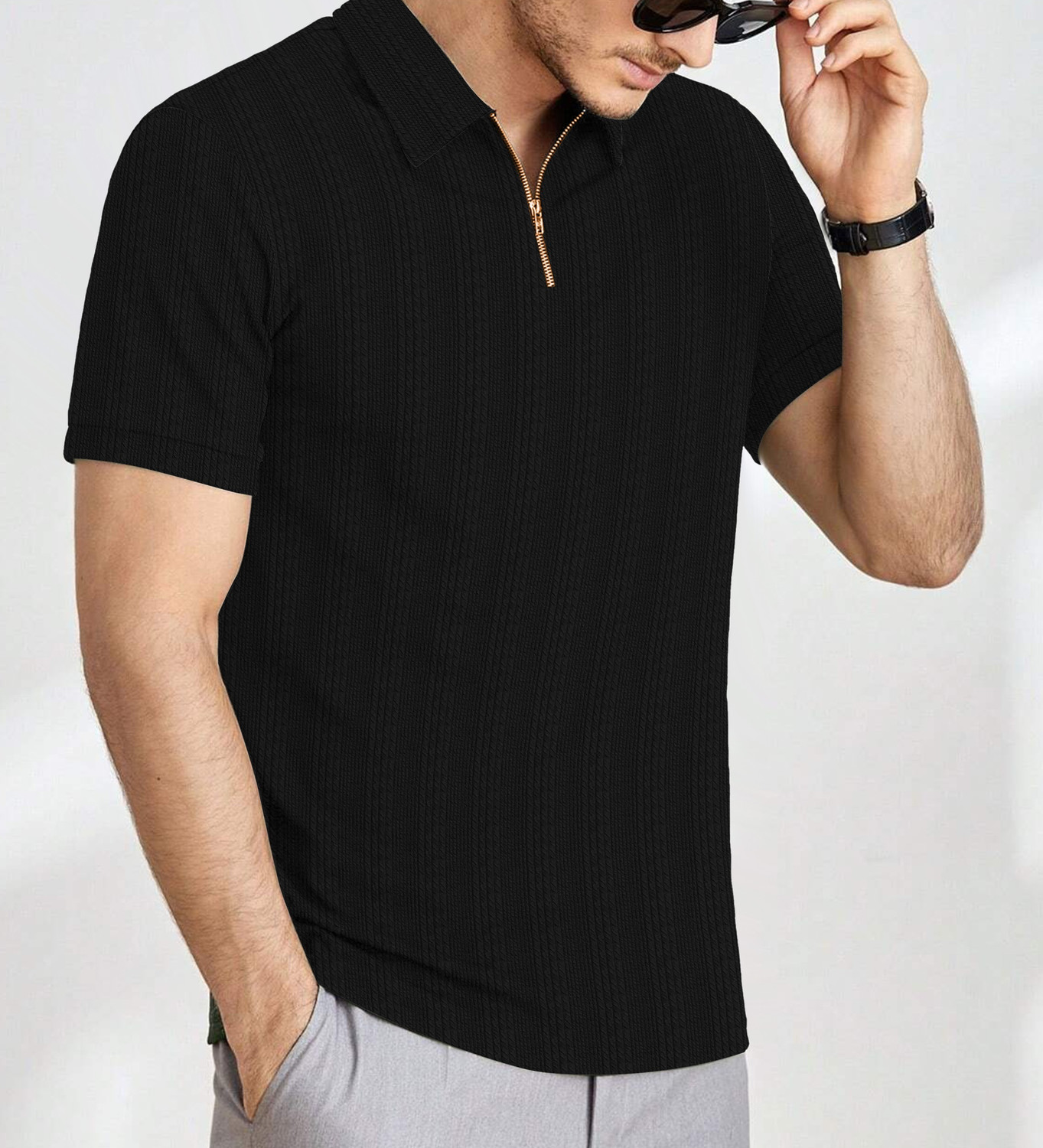 Image of KAJARU Self Design Men Zip Neck Black T-Shirt