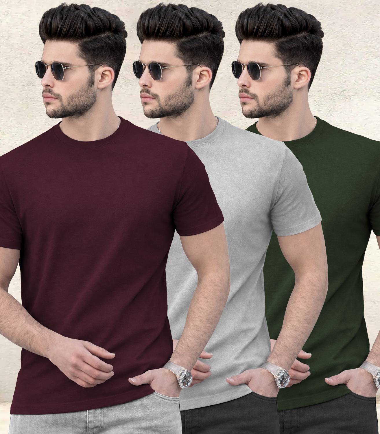 TRIPR Pack of 3 Men Solid Round Neck Cotton Blend Maroon, Grey, D