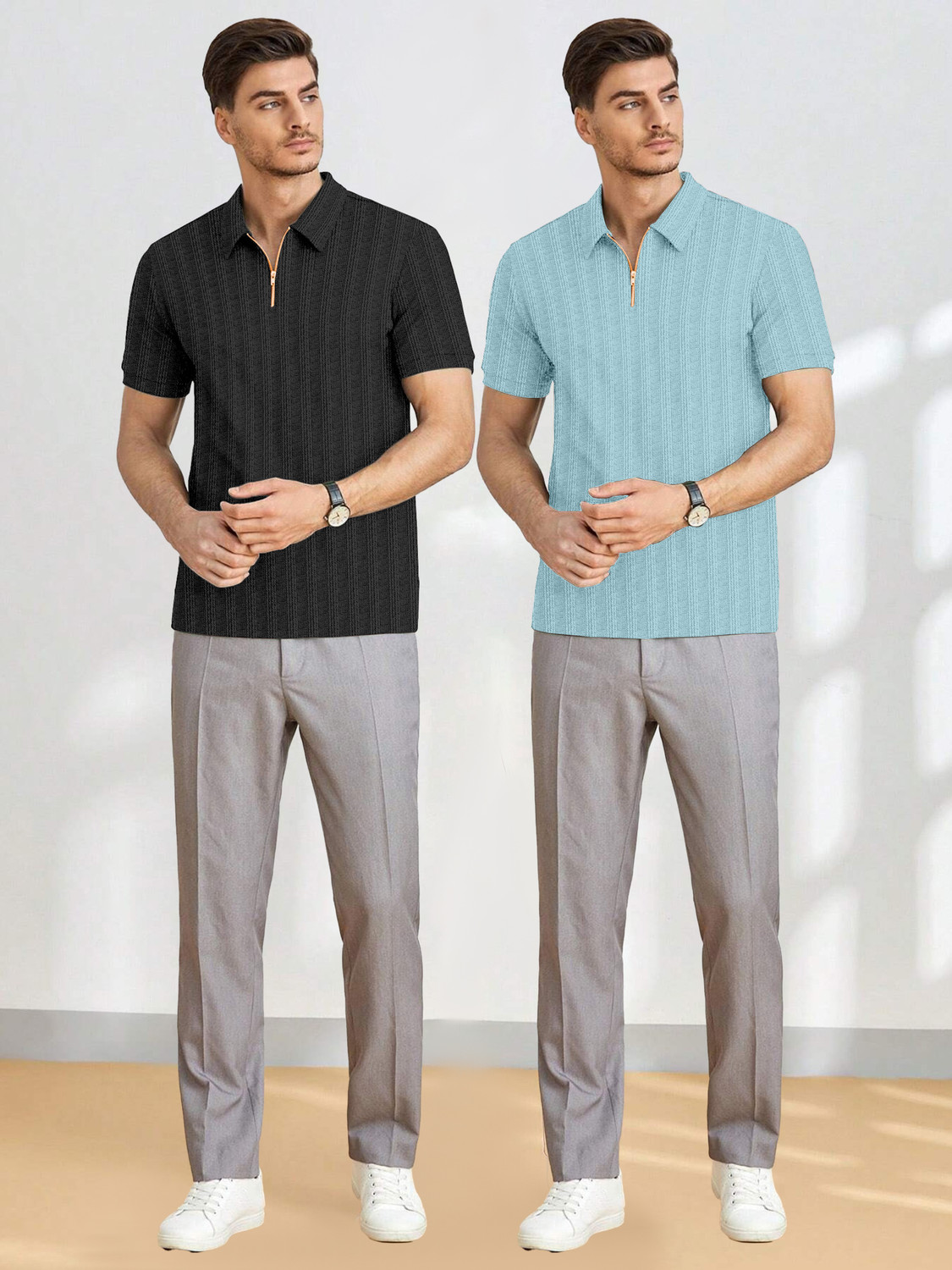 Image of COMBRAIDED Striped Men Zip Neck Black, White T-Shirt