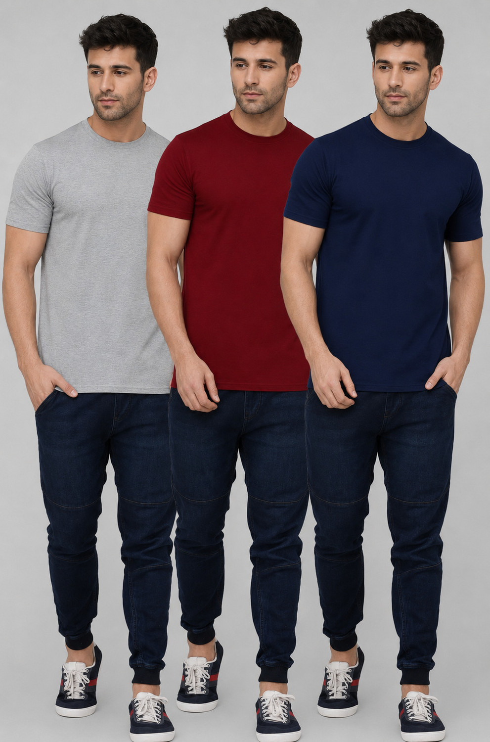 Image of London Hills Solid Men Round Neck Multicolor T-Shirt