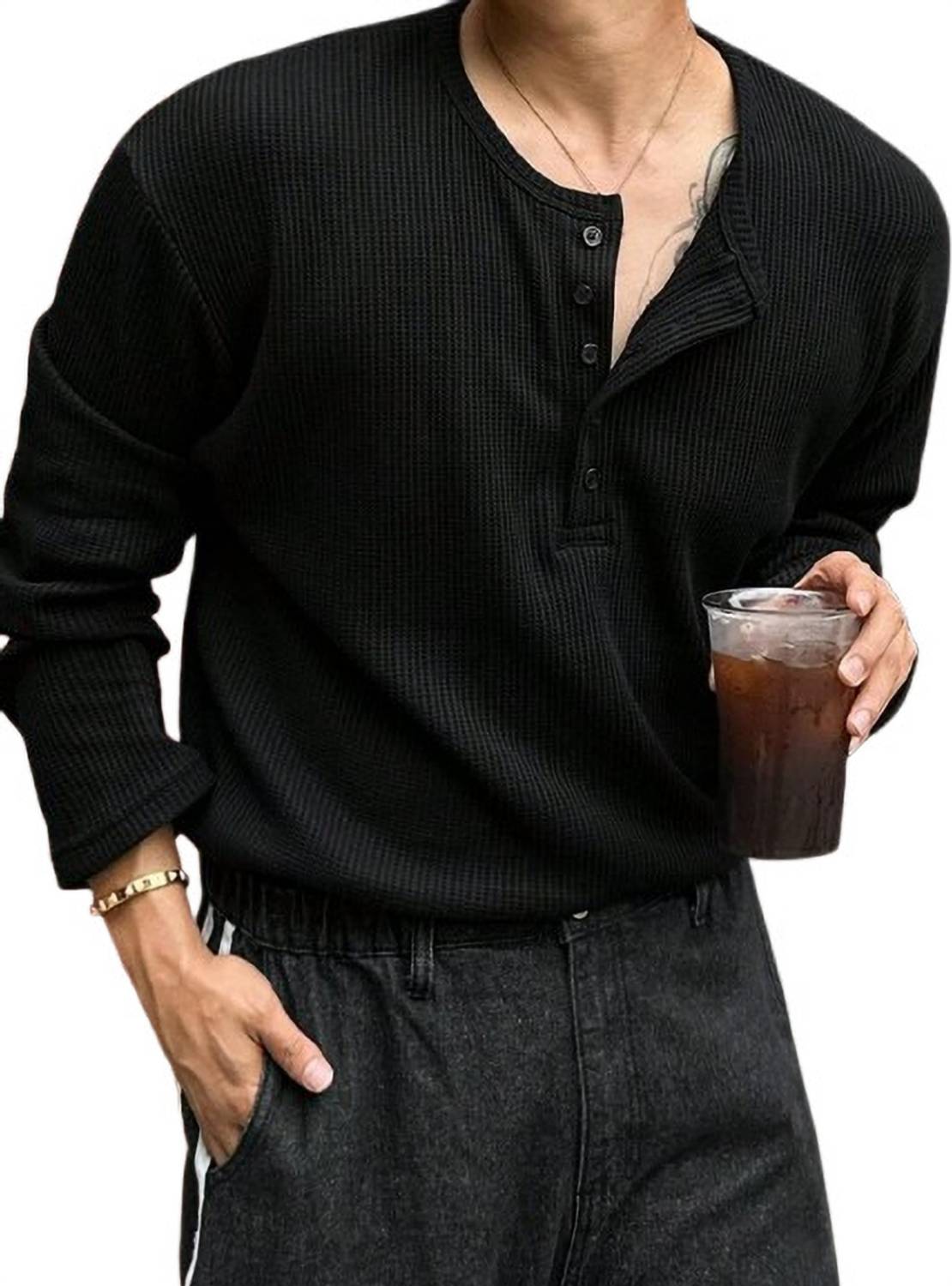 LIFEMOON Men Black Henley Neck T-Shirt - Image 1