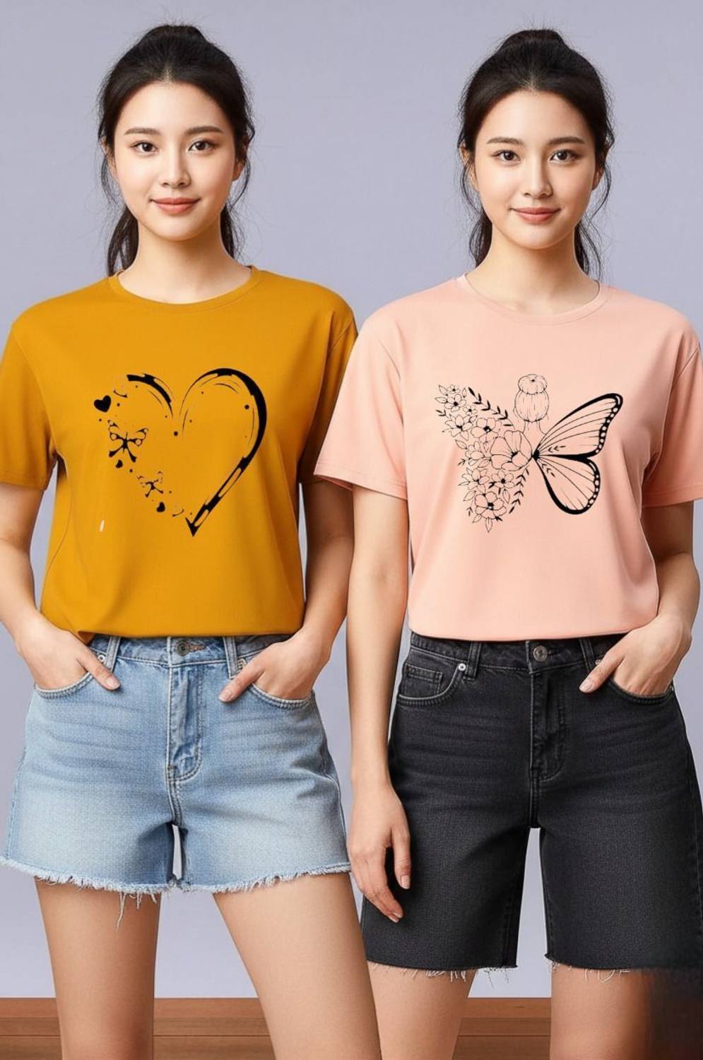 Attirea Printed Women Round Neck Yellow, Pink T-Shirt