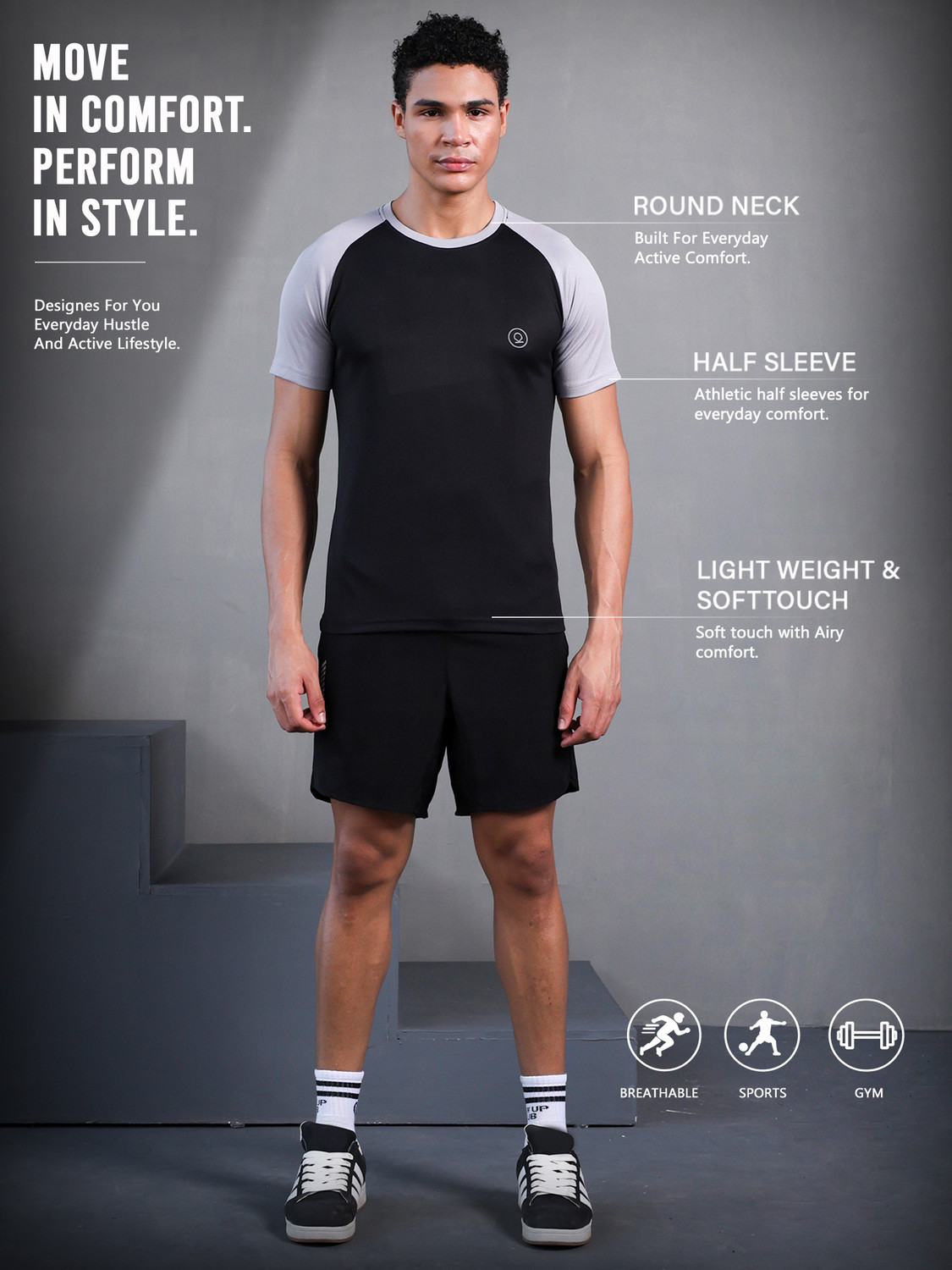 Image of CHKOKKO Colorblock Men Round Neck Black T-Shirt