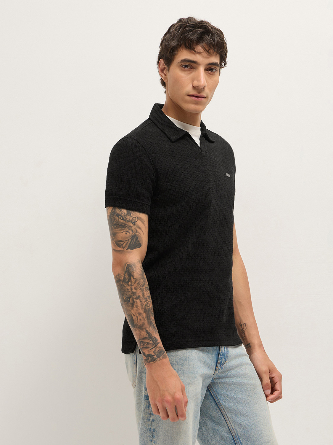Image of THE BEAR HOUSE Self Design Men Polo Neck Black T-Shirt