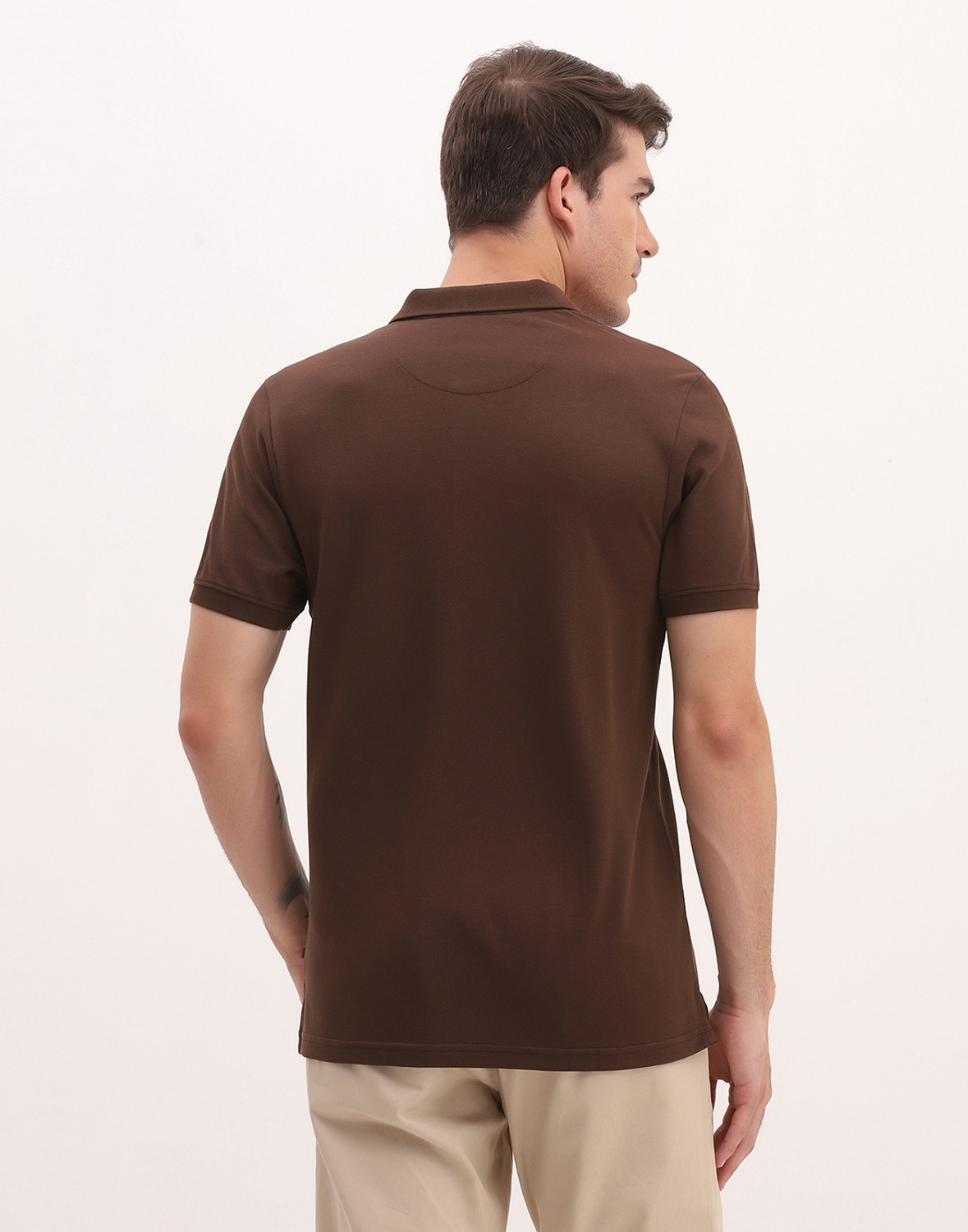Image of Blackberrys Men Solid Polo Neck Cotton Blend Brown T-Shirt