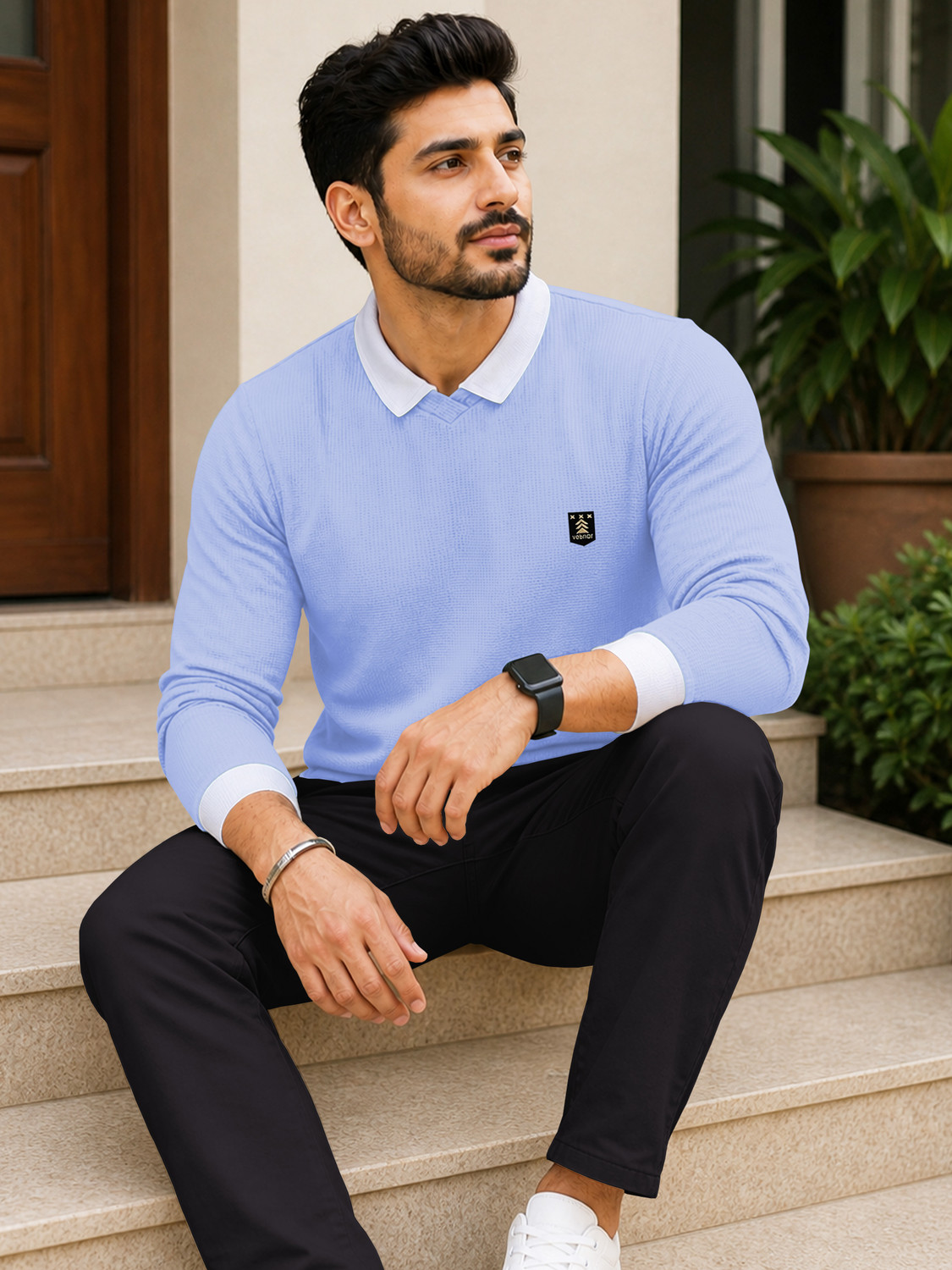 Image of VeBNoR Solid Men Polo Neck Blue T-Shirt
