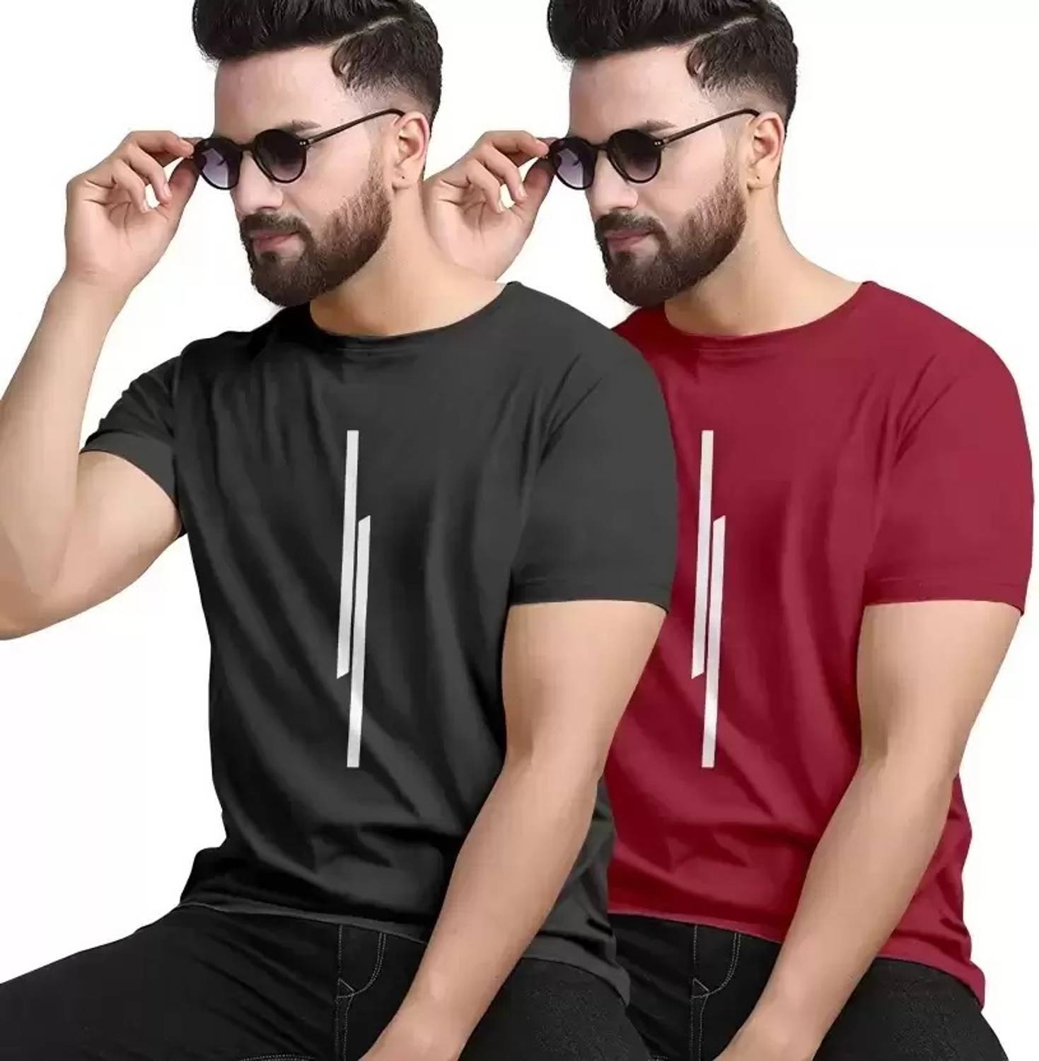 REVIZO Pack of 2 Men Printed Round Neck Polyester Black, Maroon T