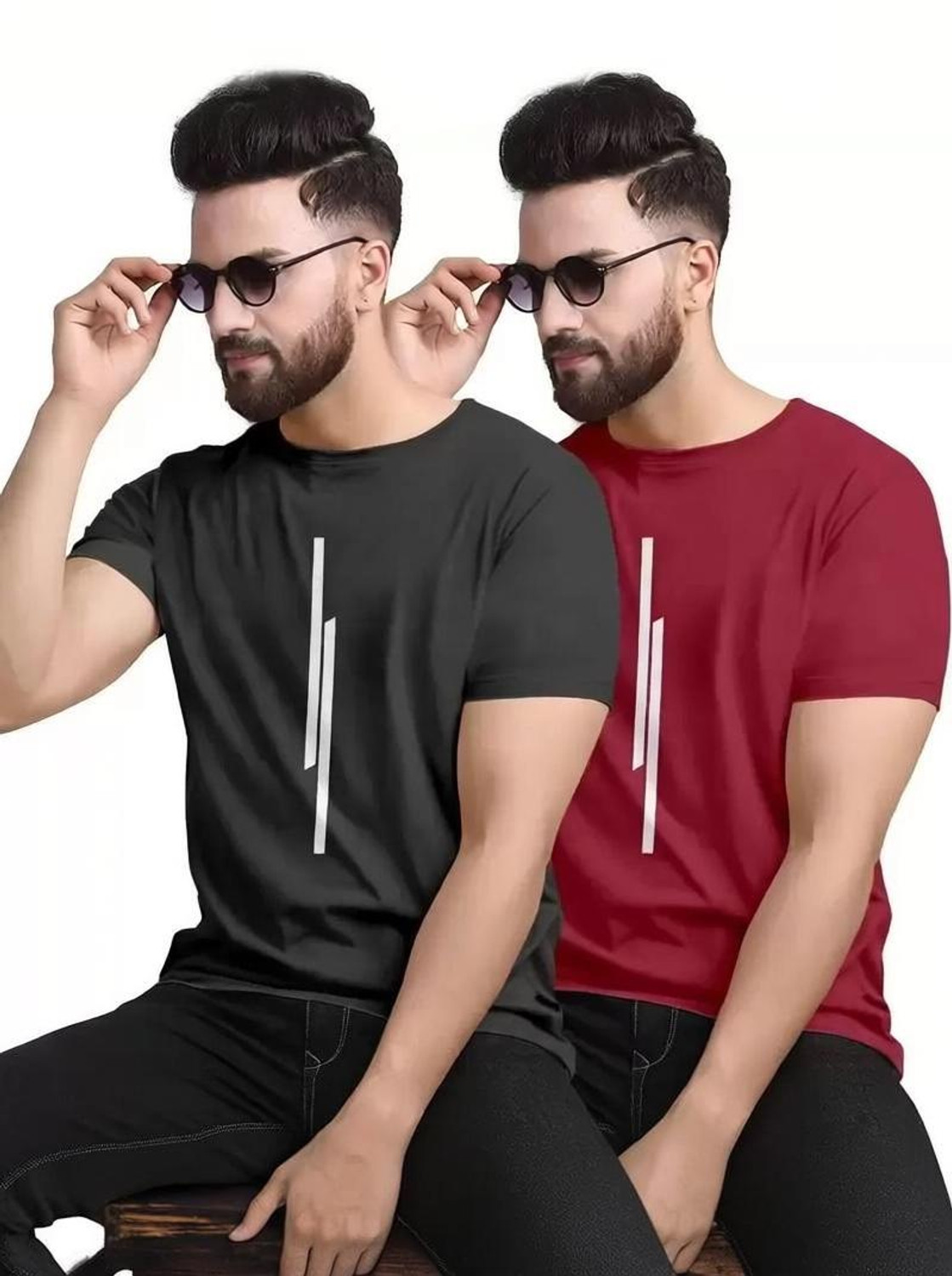 Image of REVIZO Printed Men Round Neck Black, Maroon T-Shirt