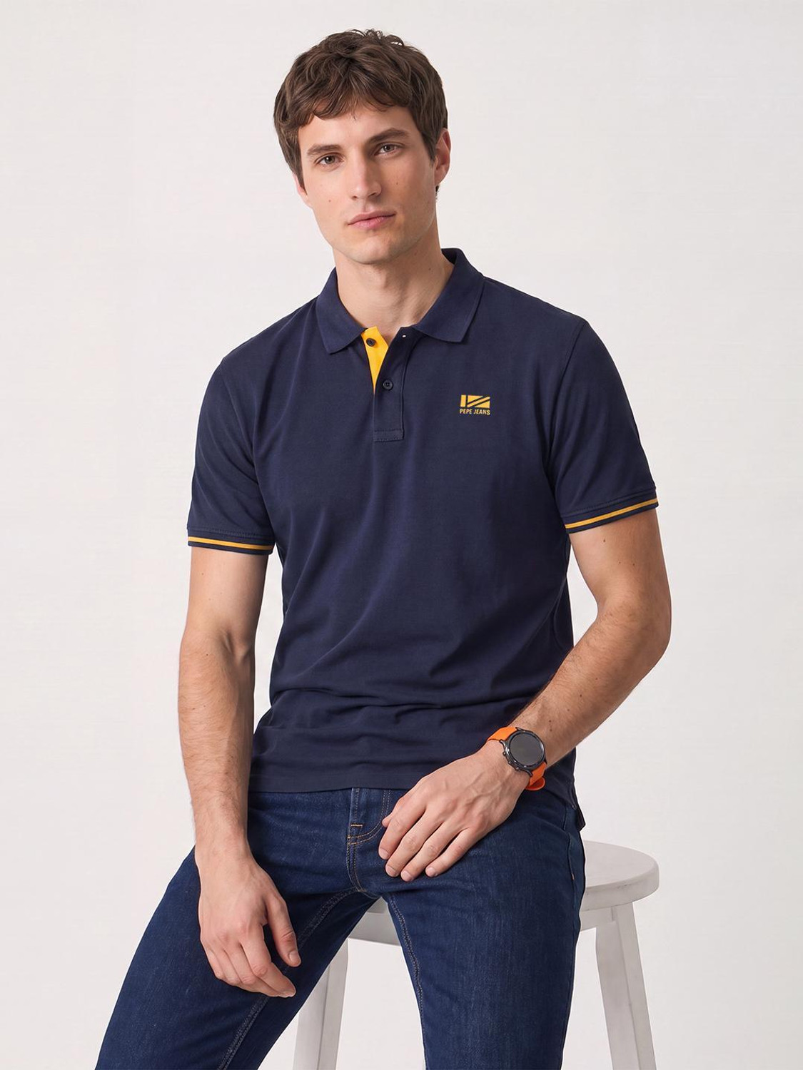 Image of Pepe Jeans Men Solid Polo Neck Polycotton Blue T-Shirt