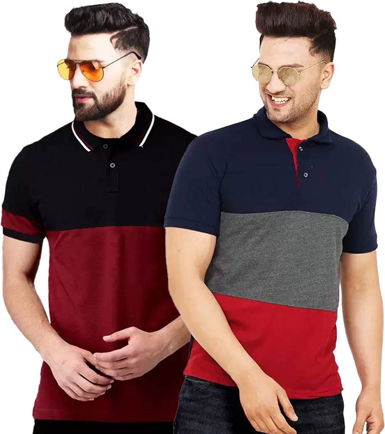 Leotude Pack of 2 Men Colorblock Polo Neck Cotton Blend Multicolo