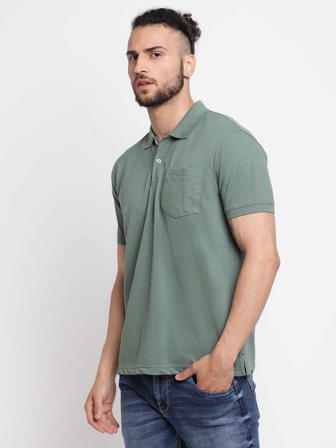 Image of CANTABIL Solid Men Polo Neck Green T-Shirt